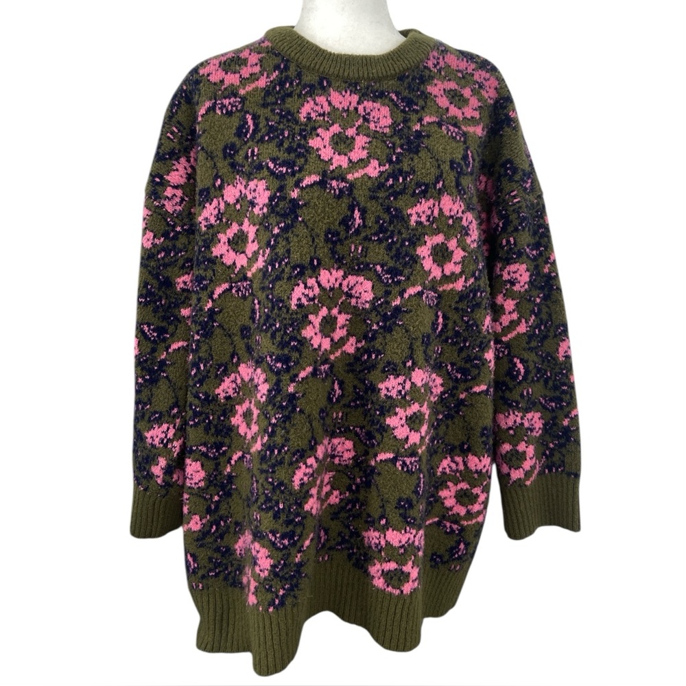 Zara Green and‎ Pink Floral Oversized Jumper Sweater Medium